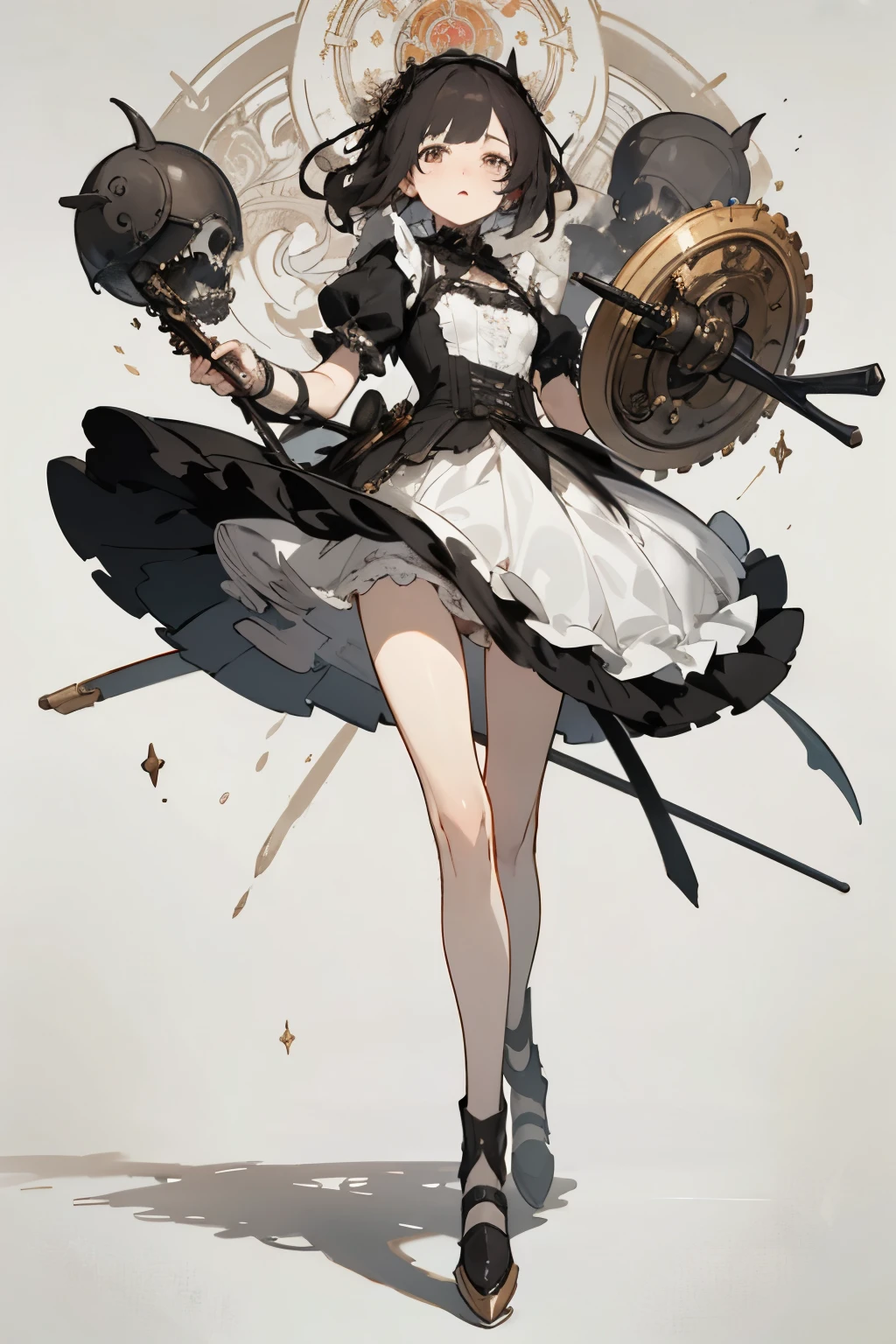 ((best quality)), ((masterpiece)), (detailed), perfect face ((best quality)), ((masterpiece)), (detailed), blank white background, plain background, white background, Bloodborne inspired, occult aesthetic, occult, detailed and intricate steampunk and detailed gothic, (zentangle, mandala, tangle, entangle), NSFW, torn clothing, Very dramatic and cinematic lighting, cosmic horror, grim-dark, side-lighting, perfect face, a beautiful goddess adorned and enshrined in armour, Bloodborne inspired , occult aesthetic , occult , detailed and intricate steampunk and detailed gothic , wielding a sword and holding a shield, NSFW, Fluttering lace flared short dress with frilly petticoats, knee length dress, pleated petticoats, ta dress, petticoats gothic loliside-lighting, gothic lolita aetic, beautiful small breasts, small breasts, full body, whole body, body, plain background, white background, blank background, no background, white background NSFW, full body, whole body, head-to-toe