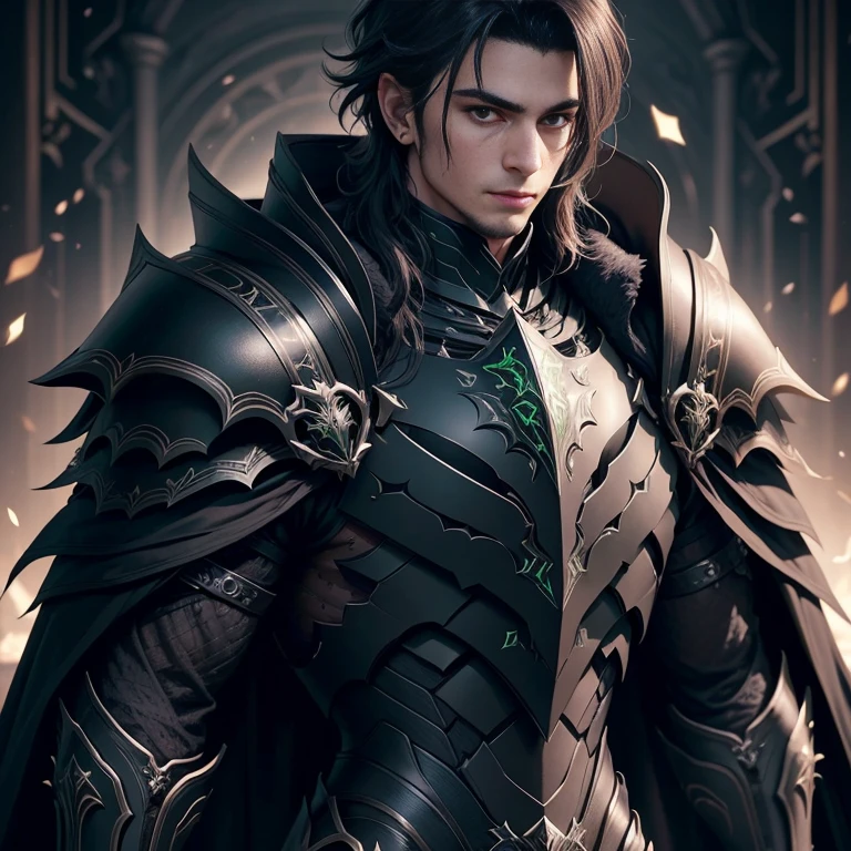 a male dark paladin wearing a black armor with green ornaments