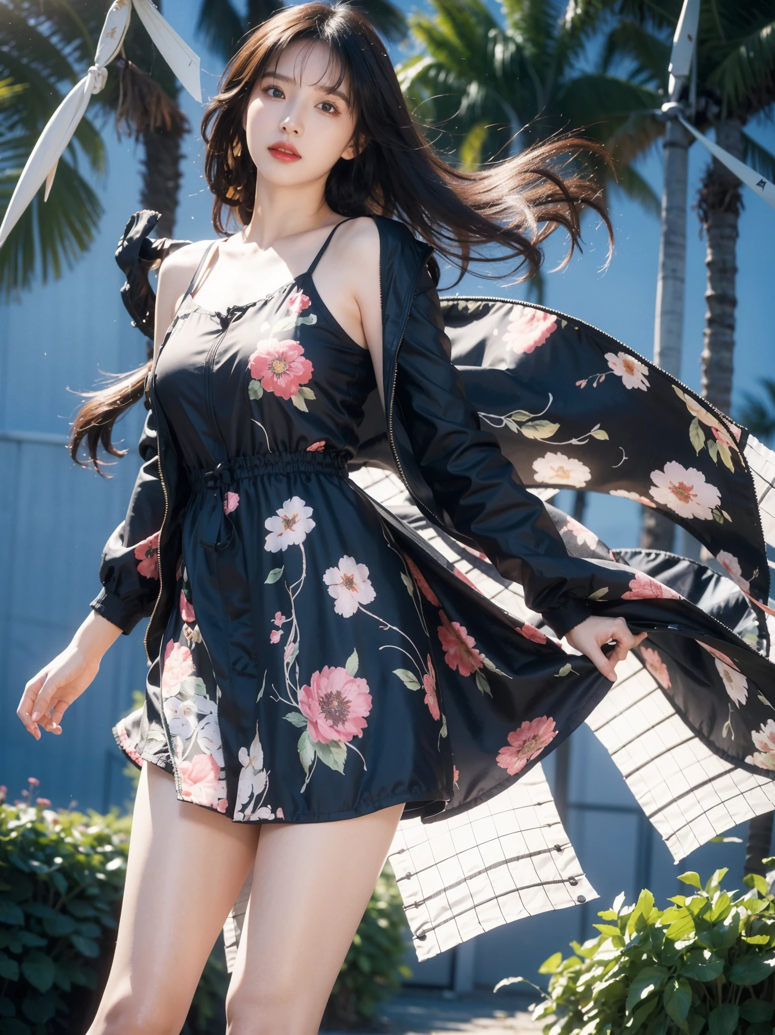 8k, highest quality, masterpiece, Realistic, Very detailed, photograph, High resolution, RAWphotograph, High resolution, Absurd, Cinematic Light, Official Art, High resolution, Written boundary depth,
Photograph the whole body,A capable businesswoman, cute顔, Sharp Eyes, Beautiful details in the eyes, 29-year-old,Japanese, cute, Brown messy hair,dress, garden, (Wind:1.9), Floral print, Wearing a jacket、Ultra-realistic pantyhose:1.4, (((That's a big jump)))