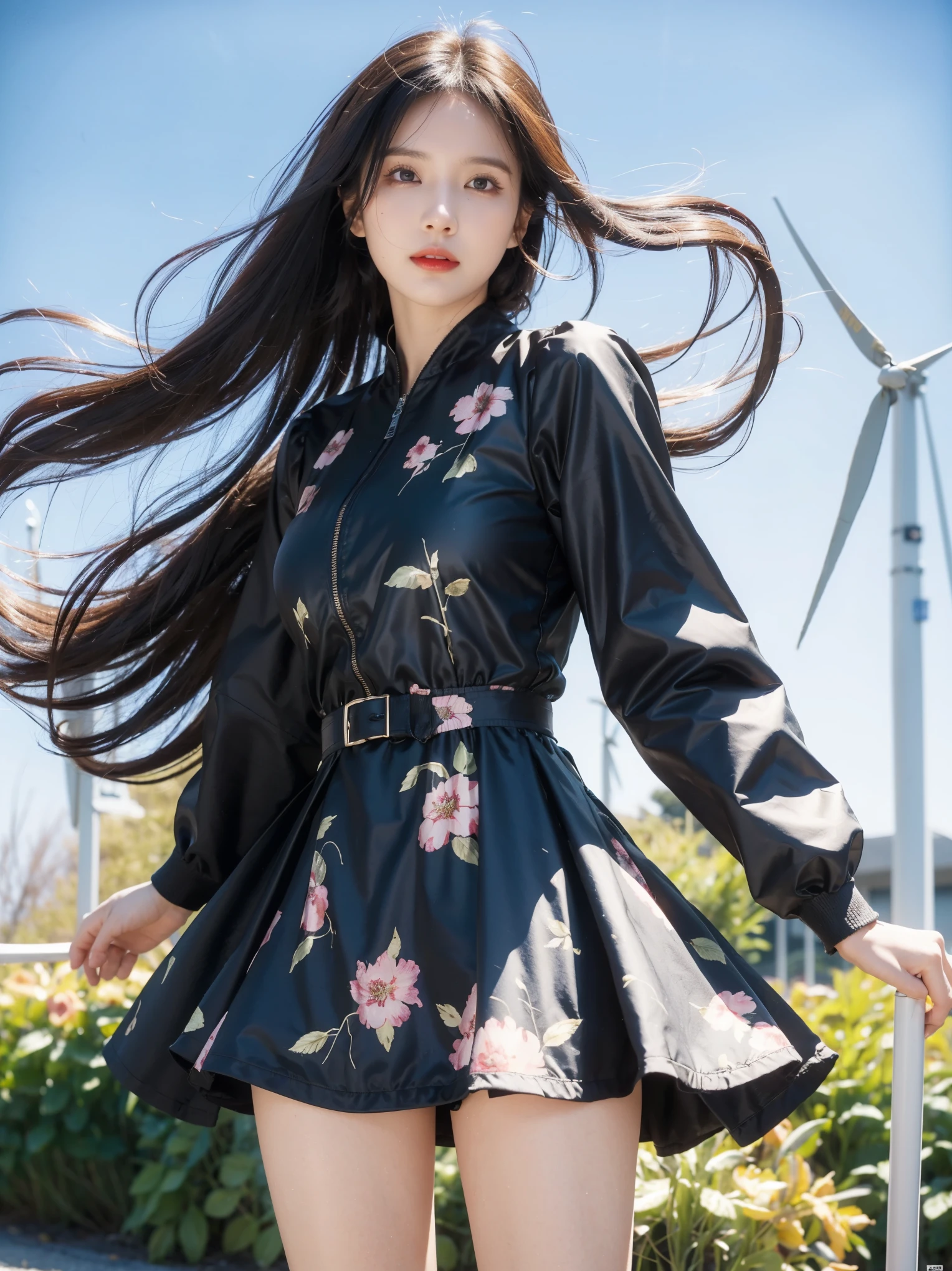 8k, highest quality, masterpiece, Realistic, Very detailed, photograph, High resolution, RAWphotograph, High resolution, Absurd, Cinematic Light, Official Art, High resolution, Written boundary depth,
Photograph the whole body,A capable businesswoman, cute顔, Sharp Eyes, Beautiful details in the eyes, 29-year-old,Japanese, cute, Brown messy hair,dress, garden, (Wind:1.9), Floral print, Wearing a jacket、Ultra-realistic pantyhose:1.4, (((That's a big jump)))