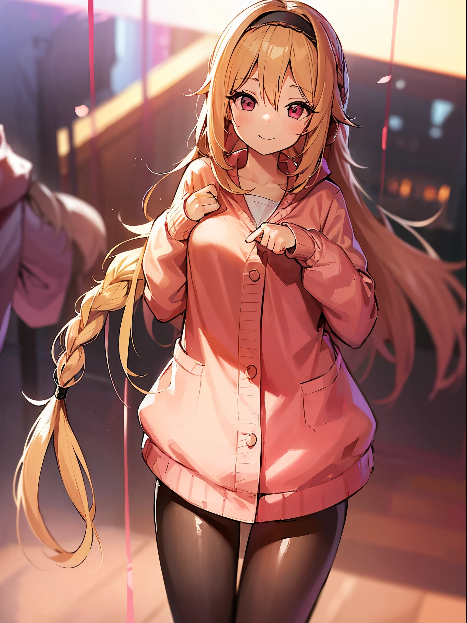 anime girl, 1 girl, strawberry eyes, long hair, light pink and blonde hair, braided hair, hair accessory, , cardigan, black leggings hairband, smiling, looking away, happy cute, absurdres, high res, ultrasharp, 8K, masterpiece, looking at viewer), best quality, expressive eyes, perfect facet quality, expressive eyes, perfect face