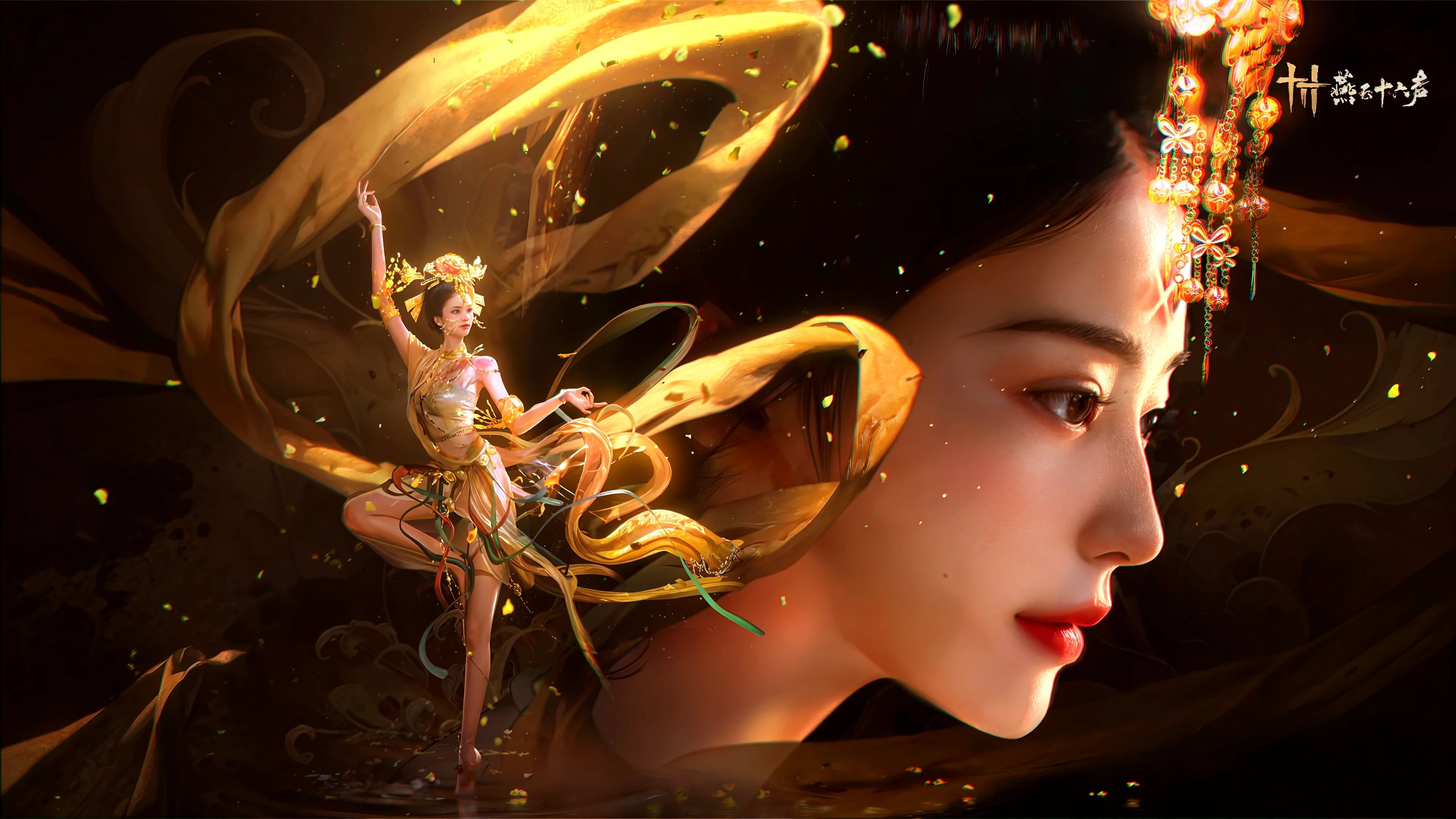 Golden sky, the ground is covered with gold bricks, square gold bricks, the ground is as flat as a mirror, a pool covered with golden sand, no walls, lotus flowers as big as wheels, colorful lotus flowers, people in the sky, with five Buddha crowns, golden onyx, golden marble, golden buildings, lotus flowers as big as wheels, yellow light, red light, purple light, white light, blue light