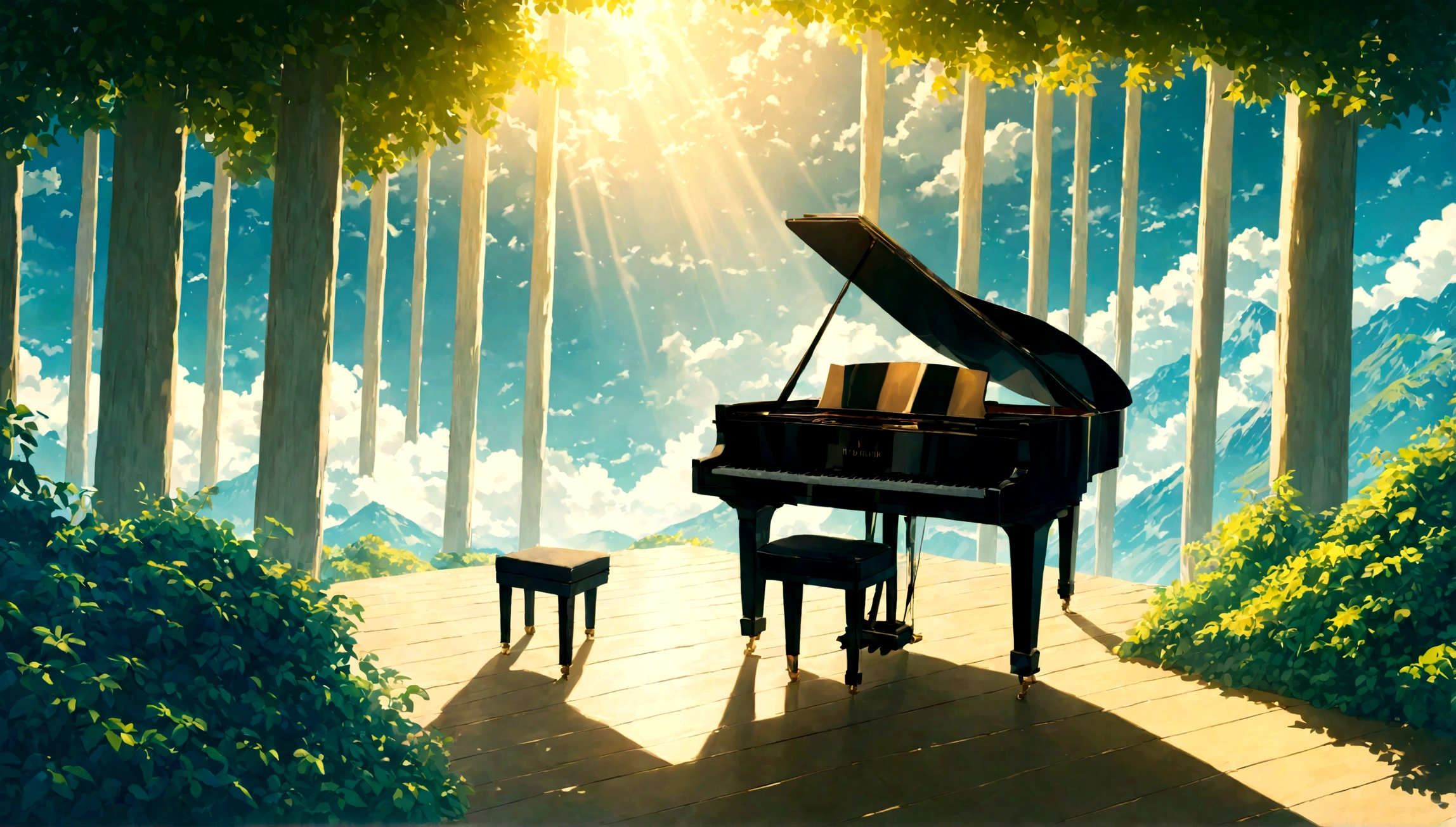 A grand piano on top of a mountain surrounded by a sea of clouds、