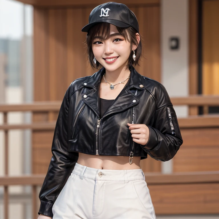 205 ((short hair)), 20-year-old female, In underwear、leather jacket、Baseball cap、smile、Beautiful teeth alignment、Black Hair、ear piercing、Necklace around the neck、Looking into the camera, The background is the city

