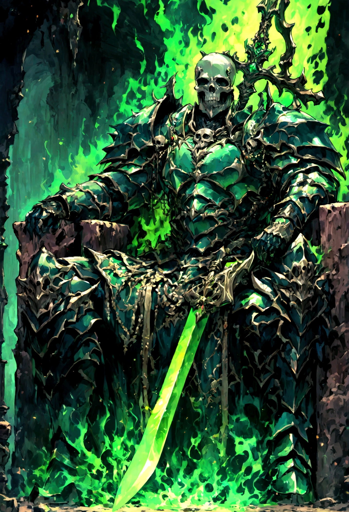 demon king character, skull head and fire in his skull, thick armor, full of jewelry, hanging big sword, big and muscular, sitting on his thrones, abyss scene, extremely detail armor,green aura