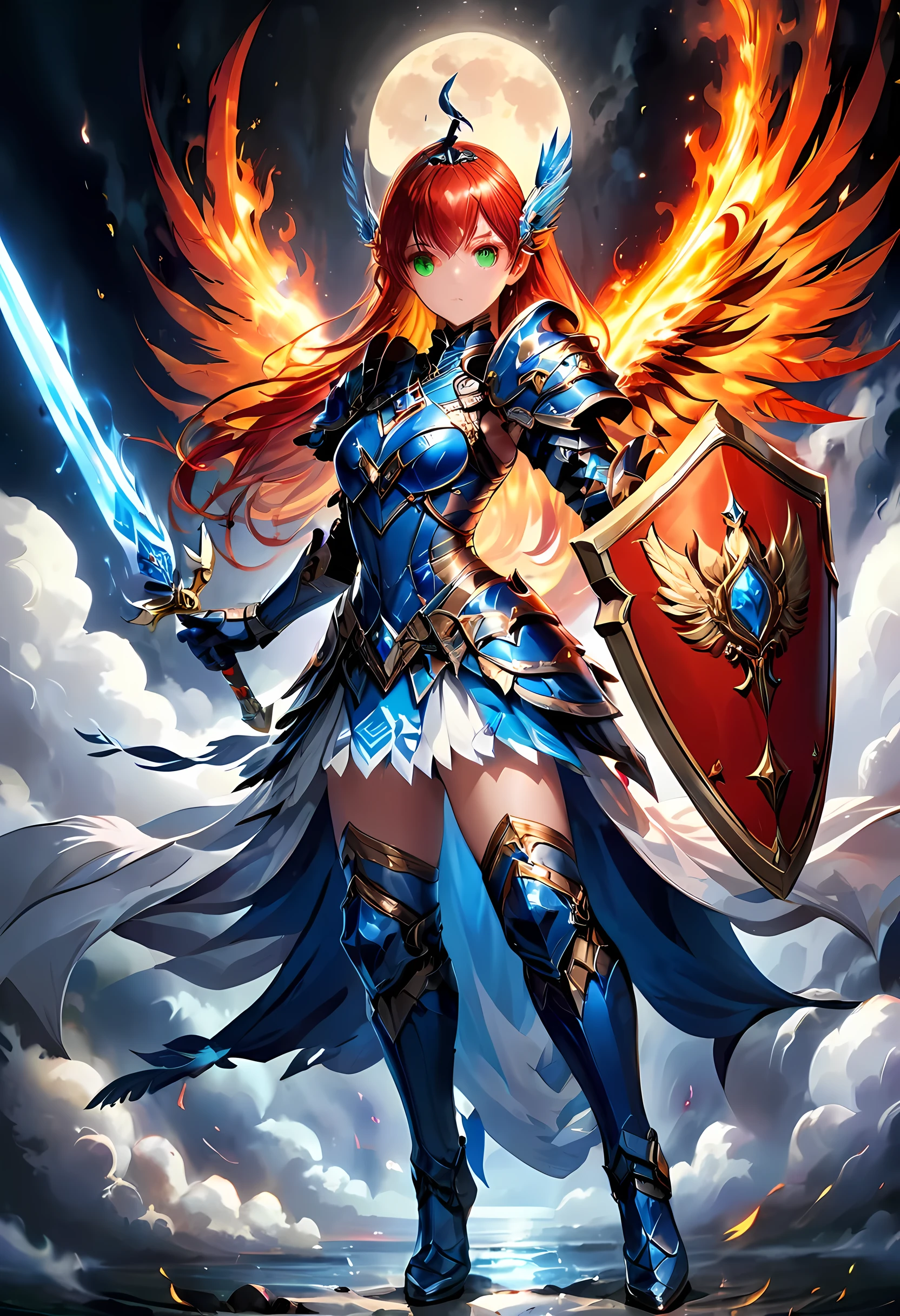 16k, ultra detailed, masterpiece, best quality, (extremely detailed), arafed, dnd art, panoramic view, full body, aasimar, female, (Masterpiece, intense details:1.3), female, divine warrior, holding ((flaming blade: 1.5)) (Masterpiece, intense details:1.3) large feathered wings,(white: 1.3) angelic wings spread (Masterpiece, intense details:1.3), fantasy magical heaven background (Masterpiece, intense details:1.3), moon, stars, clouds, wearing (azure armor: 1.3) (Masterpiece, intense details:1.3), elegant high heeled boots (Masterpiece, intense details:1.3), armed with sword, (red hair: 1.4), (green eyes: 1.4), intense eyes, ultra feminine, ultra detailed face, (Masterpiece, intense details:1.5), (anatomically correct: 1.5), determined face, divine light, cinematic lighting, soft light, silhouette, photorealism, panoramic view ((Masterpiece, intense details:1.3)) , Wide-Angle, Ultra-Wide Angle, 16k, highres, best quality, faize, 2.5D rendering, phoenix dress, Sword and shield, Dark Art Painting Style