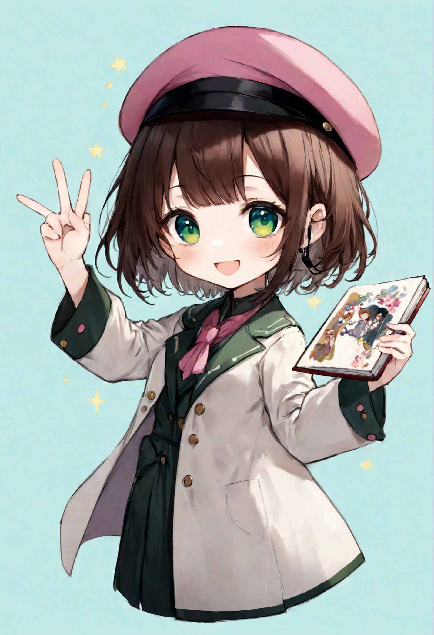 (Daisaku),(Need),(Super meticulous),(full bodyesbian:1.2),1girl,tchibi,adolable,ssmile,open-mouth smile,Light blue background,Raise your right hand,Hold a pencil in hand,Hold a book in your left hand,Music,Pink berets,Manteau,The shirt,short detailed hair,green headwear,Blurred,brunette color hair,longer sleeves,By bangs,Earphone,brunette color hair,(beautiful  detailed face),(Beautiful and delicate eyes),