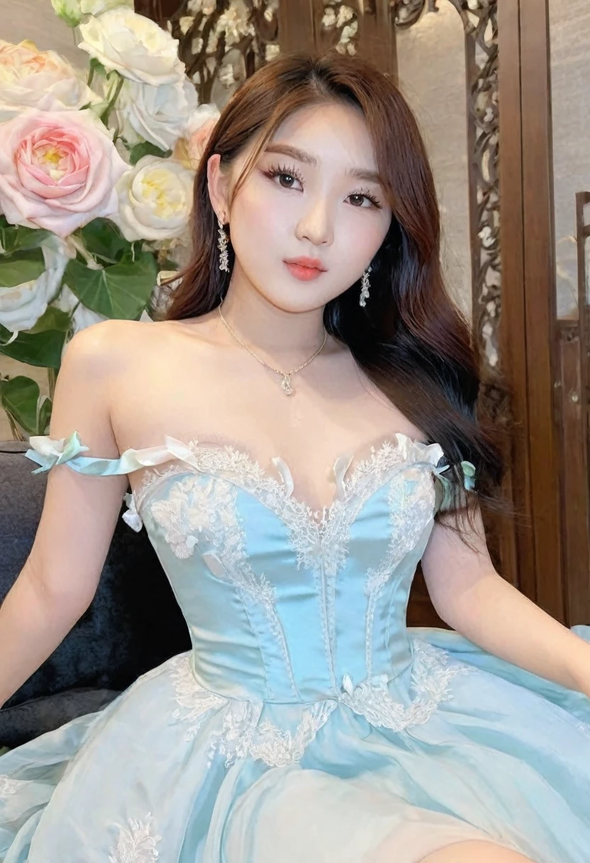 (((high quality:1.2))), Work of art, (8k), extremely detailed, ((High detail:1.2)) ((best resolution)), (Hotlexi woman), Solo, 24 year old Korean Ulzzang female, (dress strapless),