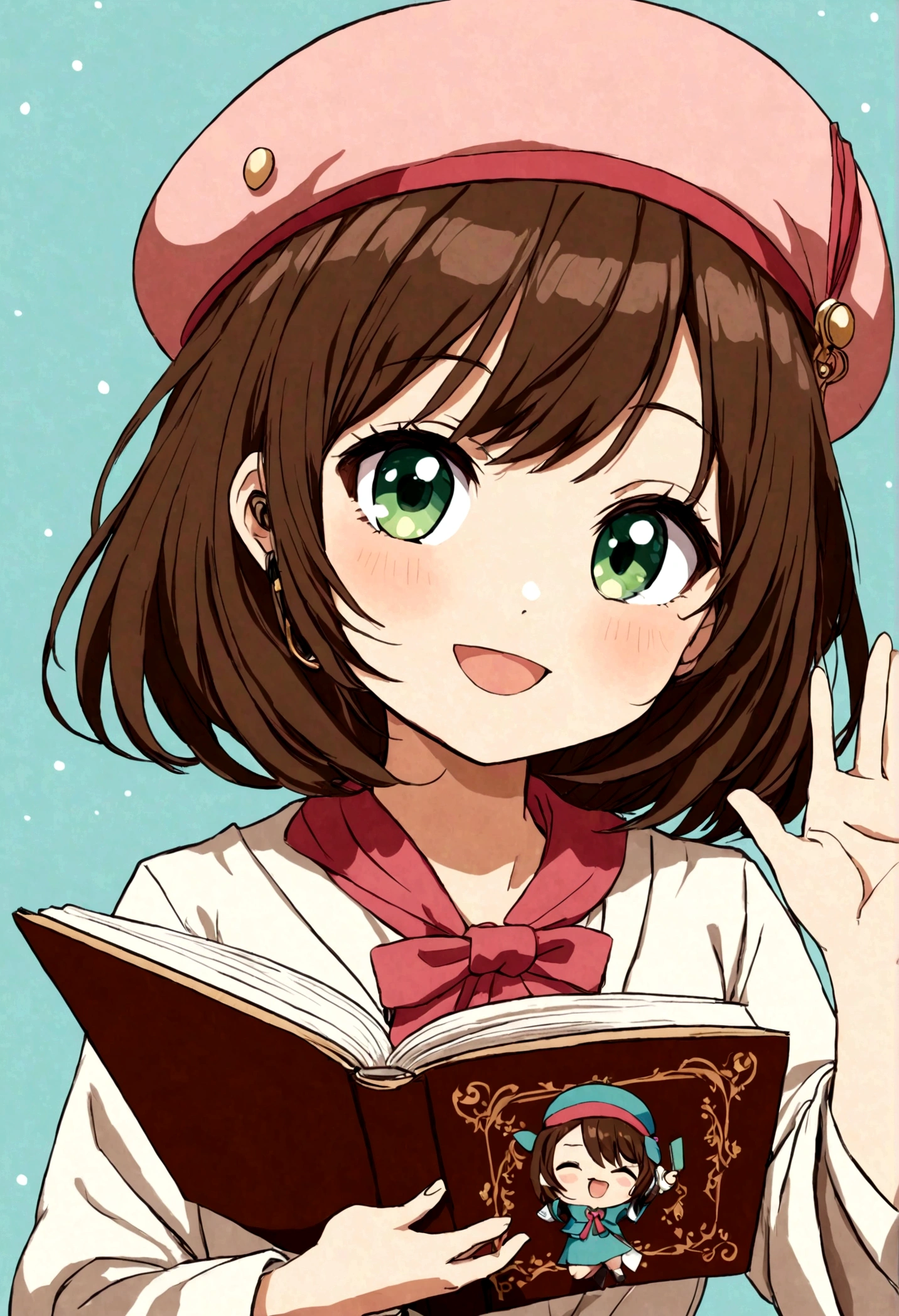 (Daisaku),(Need),(Super meticulous),(full bodyesbian:1.2),1girl,tchibi,adolable,ssmile,open-mouth smile,Light blue background,Raise your right hand,Hold a pencil in hand,Hold a book in your left hand,Music,Pink berets,Manteau,The shirt,short detailed hair,green headwear,Blurred,brunette color hair,longer sleeves,By bangs,Earphone,brunette color hair,(beautiful detailed face),(Beautiful and delicate eyes),