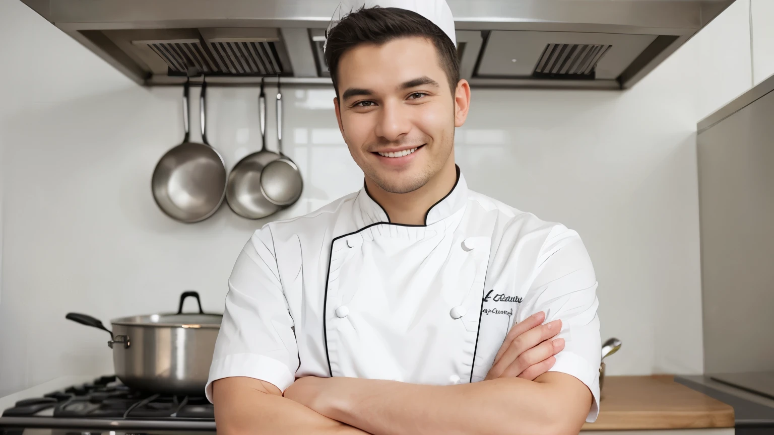chef, man, cook, arms crossed, smiling, white background, sharp