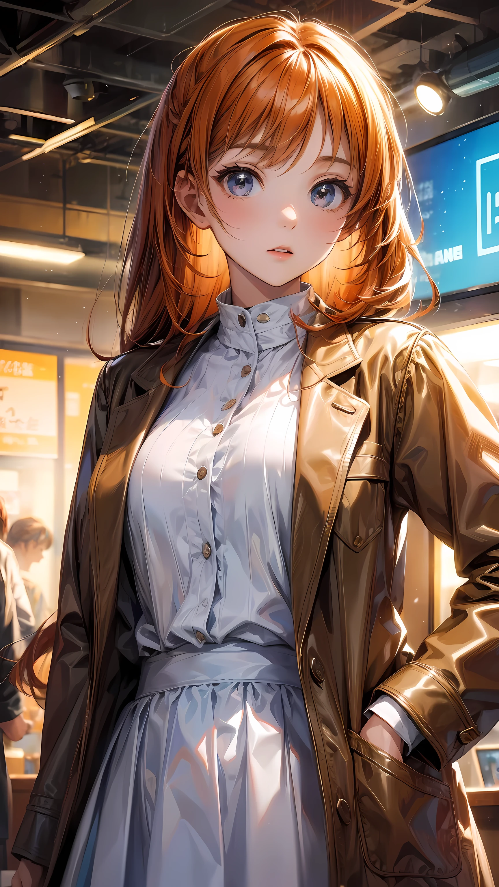 (masterpiece:1.4), (best quality:1.2), Song, 1 Girl, White shirt, Brown jacket, Orange Hair, Upper Body