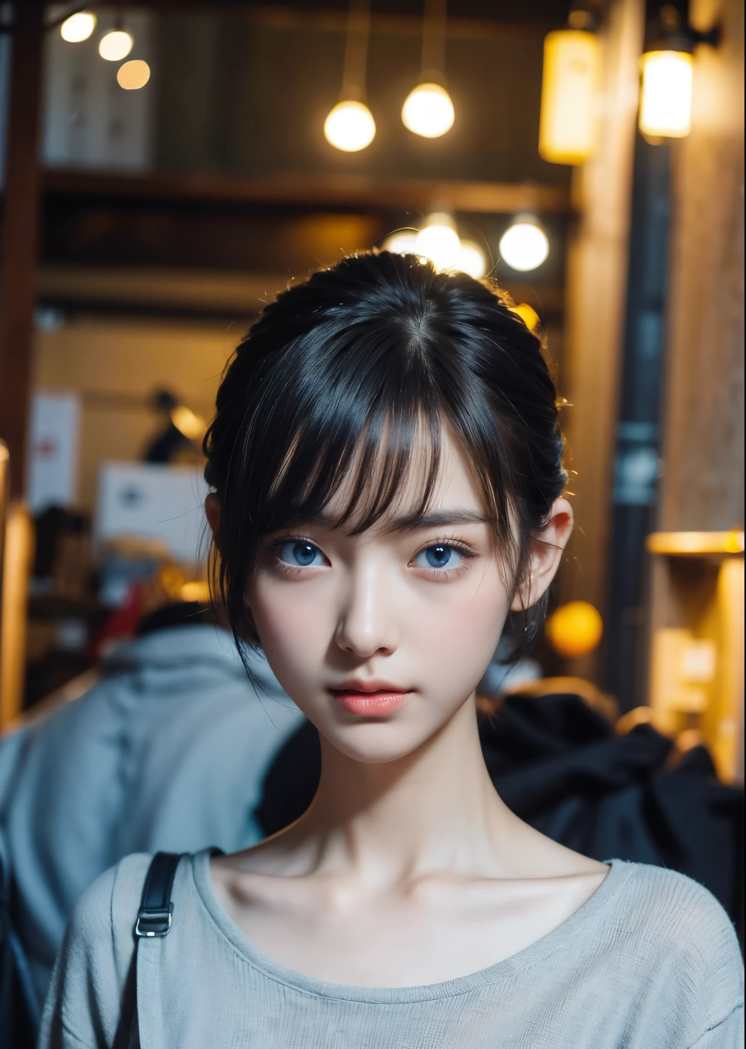 Cute woman、Big light blue eyes、Short pixie cut hair、She and the Stars、View here、Star of the sky、Night Dress、Moonlit Night、moonlight、Perfect lighting、Perfect body、Sharp Focus、High definition、high resolution、High color rendering、High resolution、Ultra-realistic、photo realistic、Focus on the face