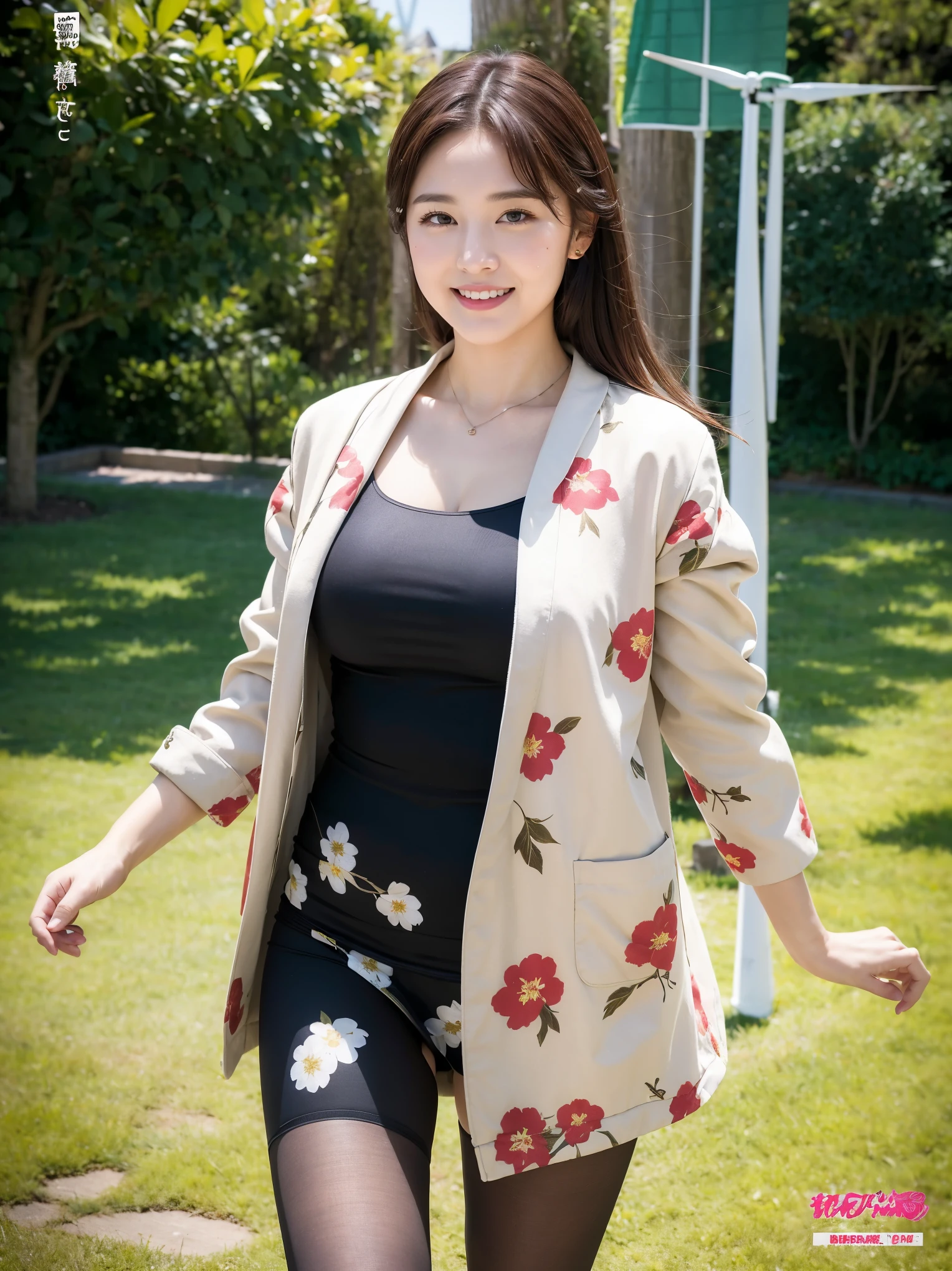 8k, highest quality, masterpiece, Realistic, Very detailed, photograph, High resolution, RAWphotograph, High resolution, Absurd, Cinematic Light, Official Art, High resolution, Written boundary depth,
Photograph the whole body,Plump body, cute顔, smile, Beautiful details in the eyes, 29-year-old,Japanese, cute, Brown messy hair,dress, garden, (Wind:1.9), Floral print, Wearing a jacket、Ultra-realistic pantyhose:1.4, (((That's a big jump)))