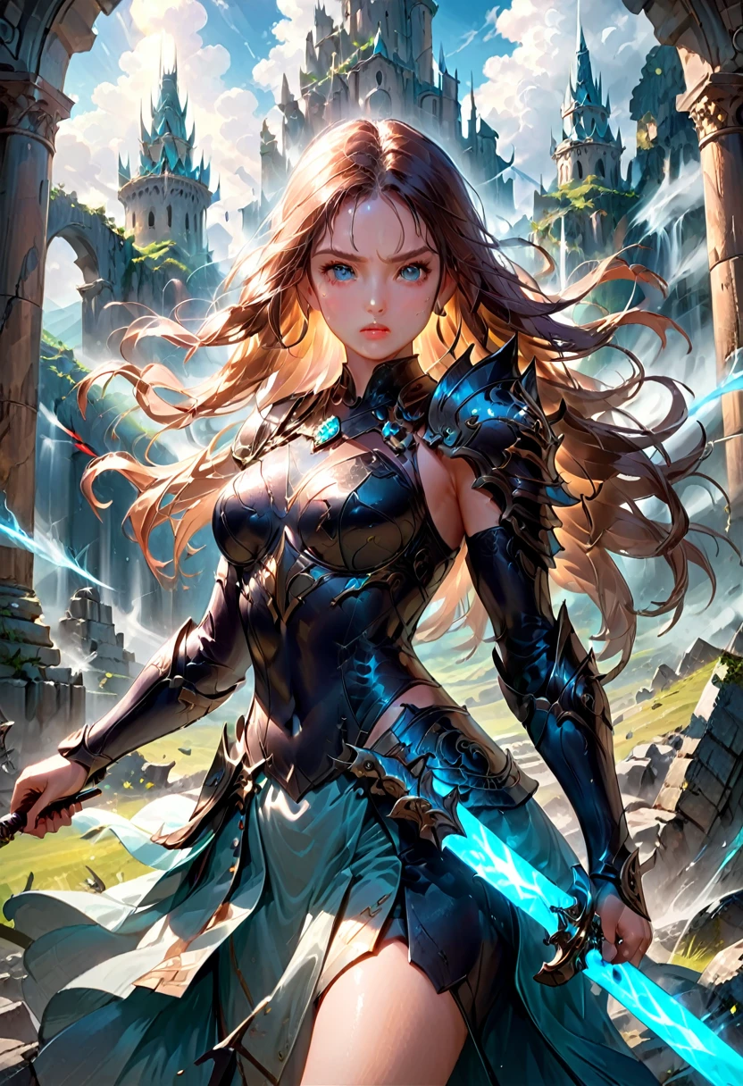 Female Warrior, a female warrior, intricate armor, detailed facial features, piercing eyes, sharp nose, full lips, long eyelashes, flowing hair, fierce expression, powerful stance, brandishing a sword, epic fantasy landscape, rolling hills, ancient ruins, sunlight streaming through clouds, dramatic lighting, rich color palette, cinematic composition, award-winning digital art, hyper-detailed, photorealistic, 8k