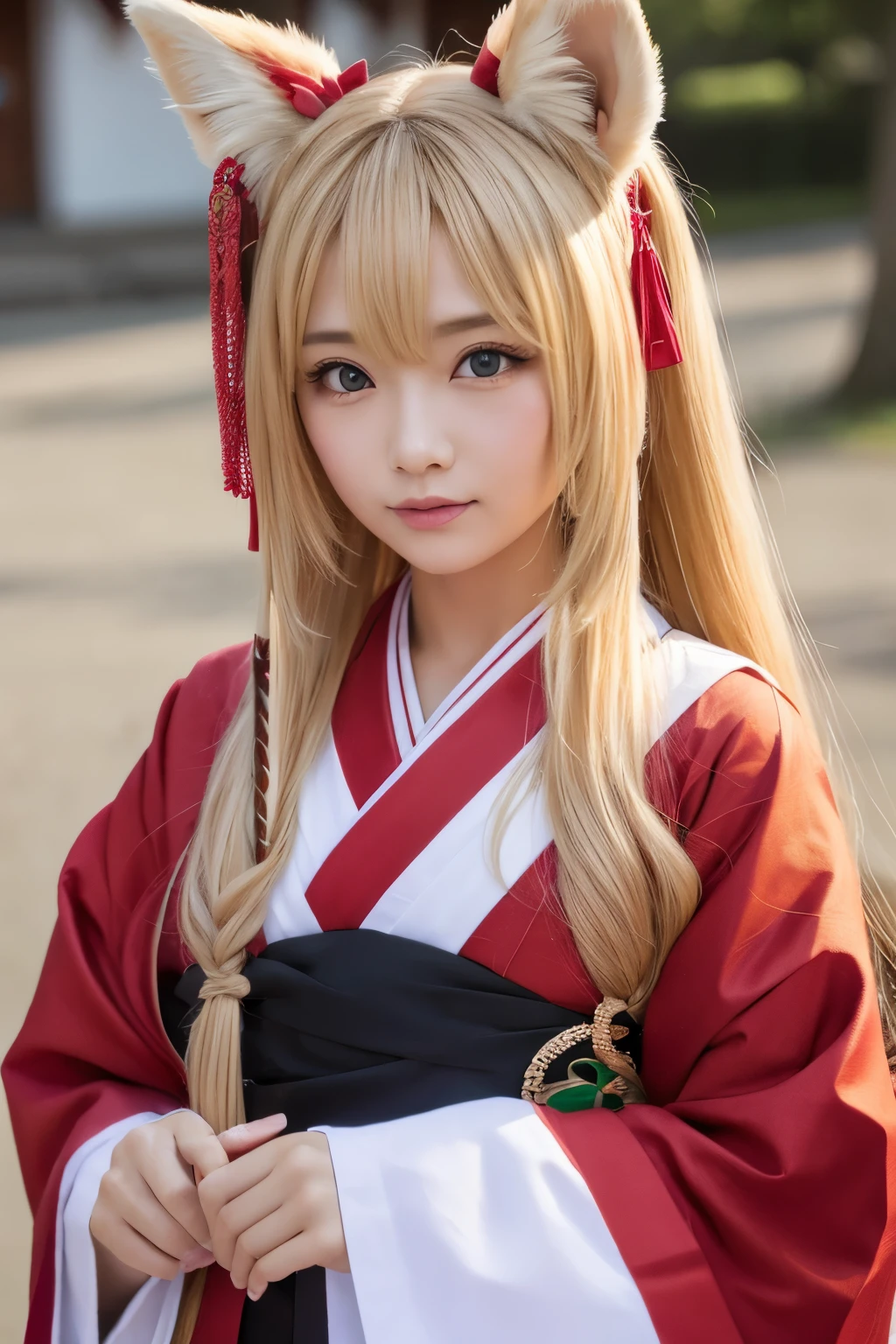 Female fox monster、Blonde and long-haired、Wearing a shrine maiden&#39;s outfit、Anime-inspired touch、Red and sharp eyes