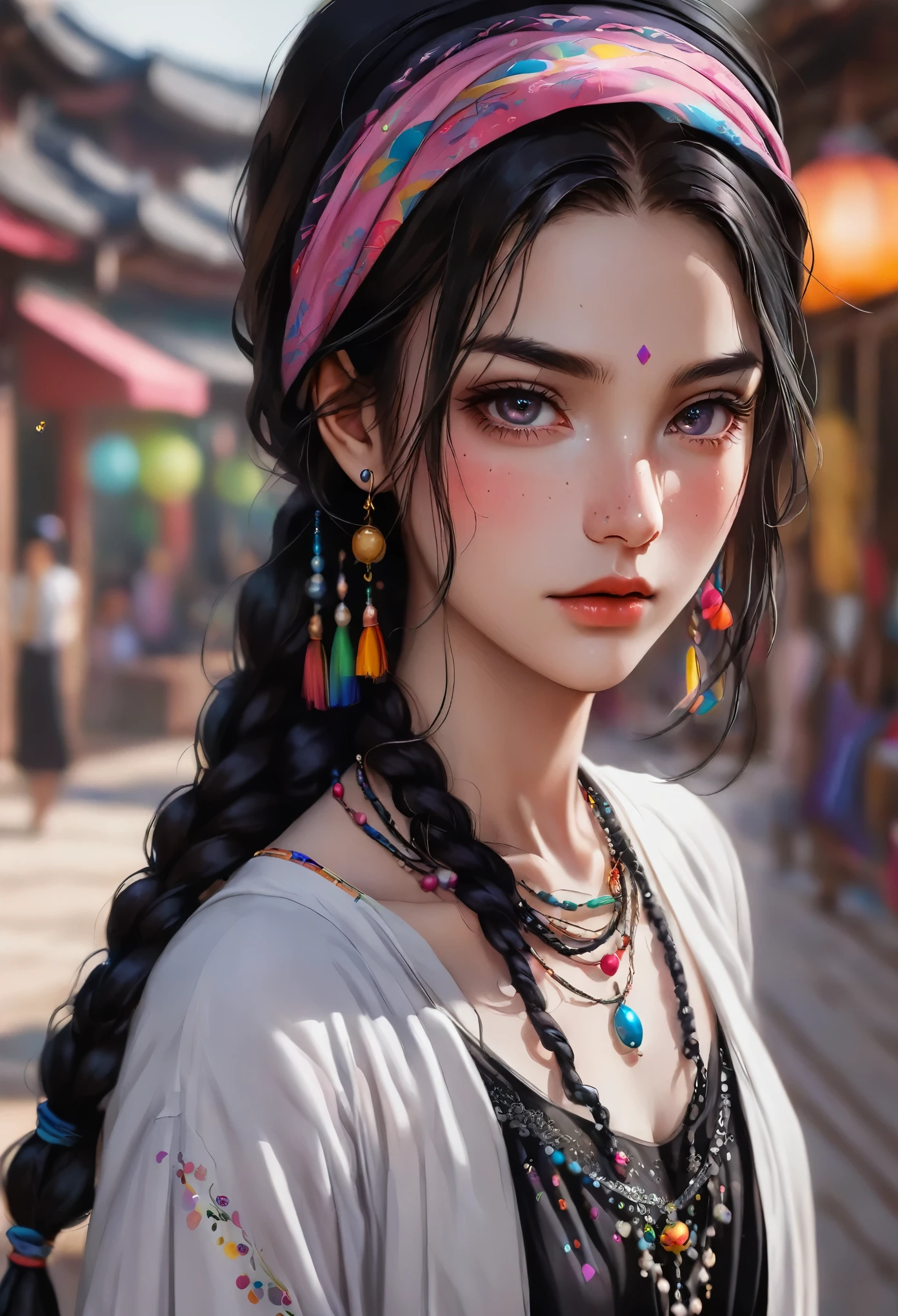 1 Girl，portrait，minority服饰，Thin waist，Long skirt，flowing long black hair，Colorful braids，Hair shine，Wearing a headscarf，minority，Skin details，Beautiful facial features，Exquisite makeup，Exquisite eyes，Eye details，Dark eyeshadow，small freckles，Pearl necklace，Shoulder，arm，blur background，