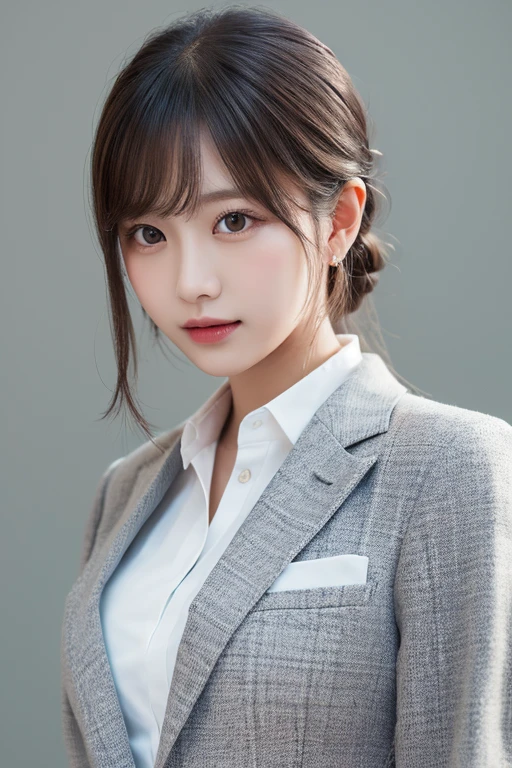 Best quality,masterpiece,ultra high res,(photorealistic:1.4),1girl, in studio, pastel gray background, wearing white formal blazer, fall clothes