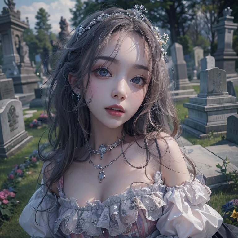 Standing in the grave、Hair flow、 ((highest quality、masterpiece、8k、Best image quality、Ultra-high resolution、Award-winning works)、(Accurate ???????:1.1)、(Look at me and smile:1.1)、Shining fair skin with Ultra-high resolution、The most detailed face、Ultra-high resolution detailed face、Ultra-high resolutionの髪の毛、(Ultra-high resolution eye:1.1)、Beautiful face drawn in every detail、Cheerful clown costume, Chest to chest, Strange atmosphere, Ghosts flow, Dark Light, At the cemetery, Heavy makeup
