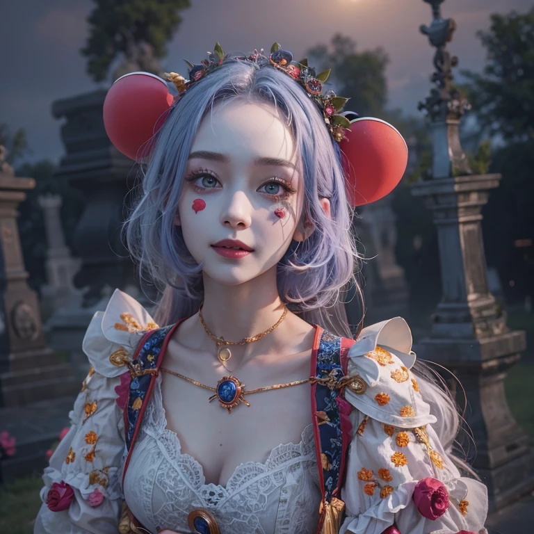 Standing in the grave、Hair flow、 ((highest quality、masterpiece、8k、Best image quality、Ultra-high resolution、Award-winning works)、(Accurate ???????:1.1)、(Look at me and smile:1.1)、Shining fair skin with Ultra-high resolution、The most detailed face、Ultra-high resolution detailed face、Ultra-high resolutionの髪の毛、(Ultra-high resolution eye:1.1)、Beautiful face drawn in every detail、Cheerful clown costume, Chest to chest,  Strange atmosphere, Ghosts flow, Dark Light, At the cemetery, Heavy makeup 