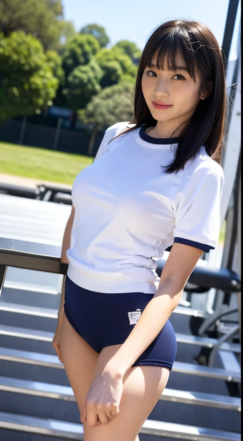 Portrait from head to knee、alone、high school girl、White skin、Natural Makeup、Black Hair、bangs、Straight Long Hair、((School-designated gym clothes))、((The upper body is a white short-sleeved gym uniform))、((Long white gym clothes))、(((Very tight bloomerid rise bloomers)))、(((Navy Bloomer)))、(((Tuck the bottom of your gym clothes into your bloomers)))、Big Breasts、Big Ass、(((Schoolyard)))、((Realistic fingers))、((Perfect Style))、((Realistic body shape))