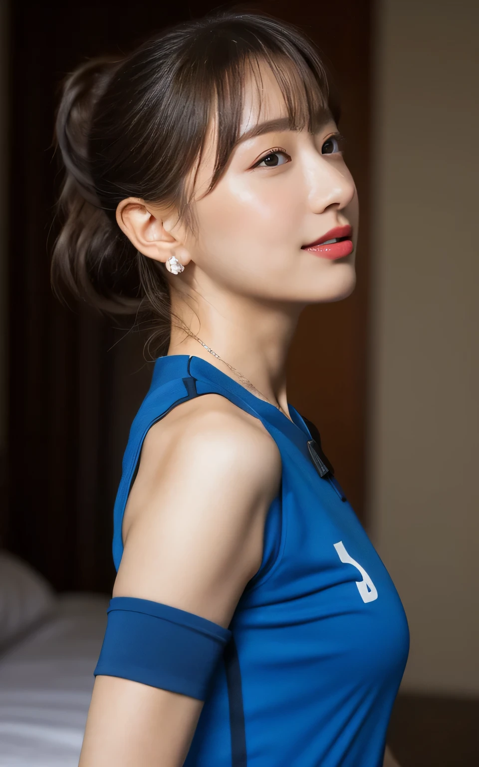 (Wearing a blue short-sleeved soccer uniform,She loves soccer:2.0),
(No bra, The shape of the nipples is visible,Beautiful thighs, Ultra-detailed skin,Tiny pores in the skin:1.5), 
((She sits on the bed with her legs stretched out, She leans forward and pushes her breasts together, She is squirming with pleasure, Her body is incredibly beautiful and stylish, I touch her from her chest to her whole body violently., Her face is so cute when she feels it :1.3)), 
((22 years old, Beautiful college girl, Sexy body, She loves sex, Looking forward:1.4)), 
((Small breasts, Flat Chest:1.2)),
((Bedroom at home, Complete darkness:1.4)), 

Eye focus, Narrow shoulders, Beautiful clavicle, length, Thin arms, Thin legs, The back of the hand is beautiful and feminine, Slim figure, Soft belly, Tight waist, Highly detailed face, super detailed breasts, Ultra-detailed skin, Fair skin, Shiny skin, Ultra-detailed lips, Fuller lips, Glossy pink lips, Blushed, White teeth, Beautiful actress makeup, Annuit Makeup, Pink lipstick, Dark brown hair, Delicate and soft hair, (Put your hair up, Fluffy short bob, ponytail:1.2), (Sweep your bangs to the side:1.2), (Stylish earrings,necklace:1.2),
