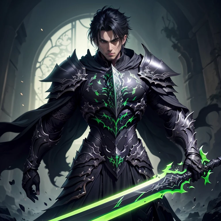 a male dark paladin wearing a black armor with green ornaments, holding a large sword, dynamic pose