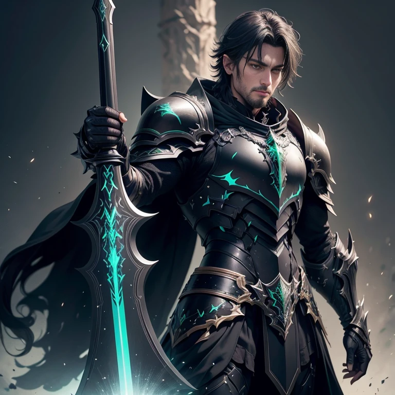 a male dark paladin wearing a black armor with green ornaments, holding a large sword, dynamic pose