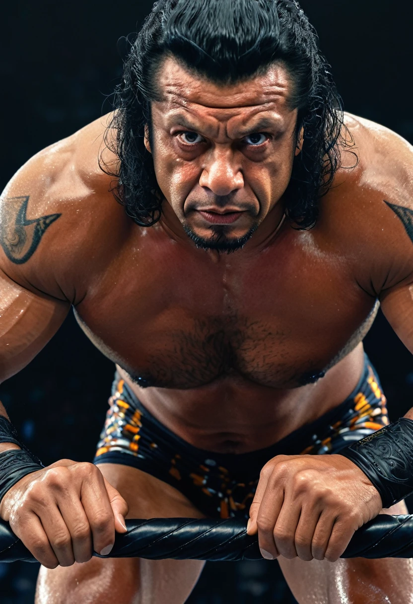 a superfly, jimmy snuka, highly detailed portrait, hyperrealistic, 4k, 8k, best quality, photorealistic, masterpiece, studio lighting, sharp focus, physically-based rendering, extreme detail, professional, vivid colors, dramatic lighting, dark and gritty, intense shadows, moody atmosphere, cinematic composition, dynamic pose, muscular physique, intense facial expression, piercing eyes, rugged features, tattoos, sweat, wrestling ring, ropes, turnbuckles, action, motion blur