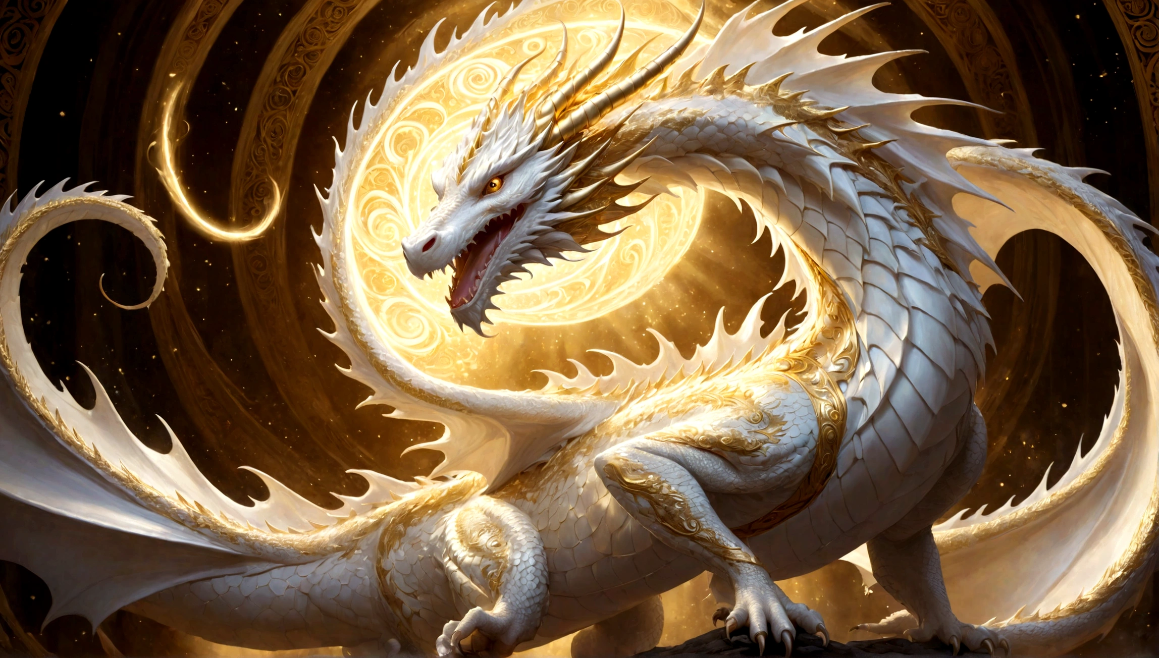 A golden, white dragon surrounded by a swirl of light