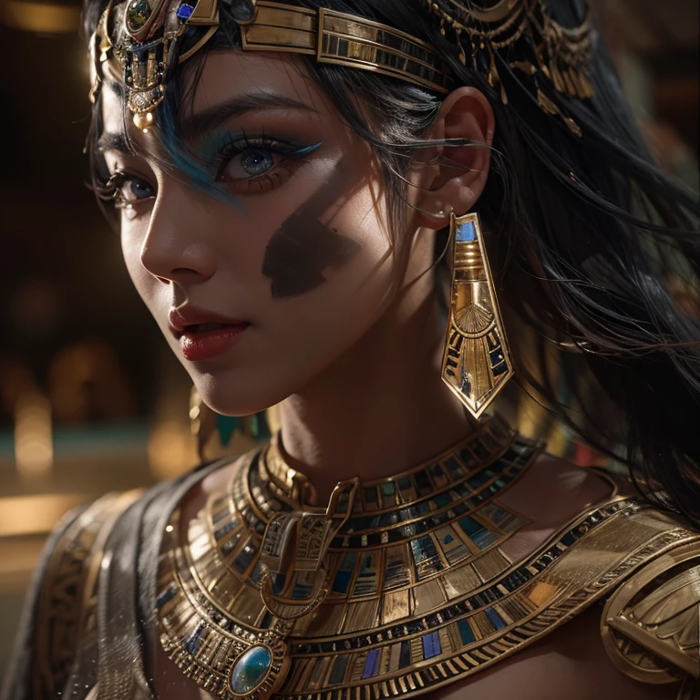 Close-up of a woman wearing a headdress and feathers, cleopatra portrait, beautiful cleopatra, ３ｄ, goddess, portrait, アステカ王女のportrait, goddessとしてのナタリー・ポートマン, cleopatra, 映画のgoddessのクローズショット, egyptian princess, goddessのクローズアップportrait, zbrush art, surreal fantasy art, Black Emma Watson becomes Egyptian, realistic digital art,raw photos, Shapuri, by lee jeffries nikon d850 film stock 写真graph 4 kodak portra 400 camera f1.6 lens rich colors hyper realistic lifelike texture dramatic lighting unrealengine trending on artstation cinestill 800,dynamic angle, full body