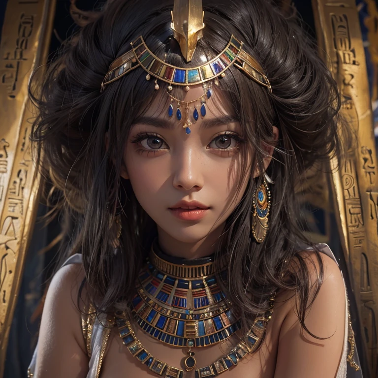 Standing in an ancient Egyptian cave、Hair blowing in the wind 、 ((highest quality、masterpiece、8k、Best image quality、Ultra-high resolution、Award-winning works)、(Accurate anatomy:1.1)、(Look at me and smile:1.0)、Shining fair skin with Ultra-high resolution、The most detailed face、Ultra-high resolution detailed face、Ultra-high resolutionの髪の毛、(Ultra-high resolution eye:1.1)、Beautiful face drawn in every detail、Ancient Egyptian costumes, Chest to chest, Dark atmosphere,Dark atmosphere, Ancient Egyptian makeup,