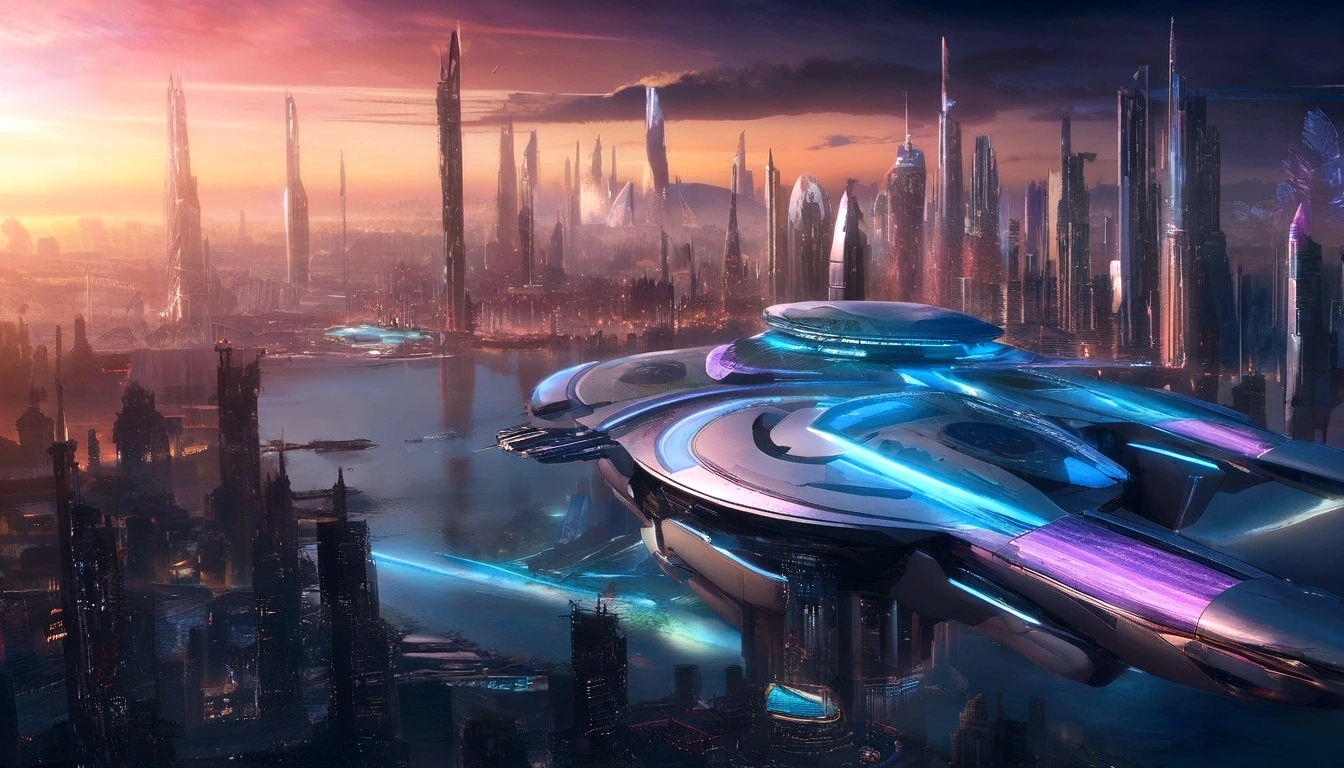 cidade futurista with futuristic train and futuristic buildings at night, arte conceitual futurista, em outras palavras、cidade futurista, in the city of fantasy and science fiction, bela cidade do futuro, futuristic utopian city, 8K resolution concept art, 8K resolution concept art, Cidade do Futuro, porto espacial futurista, arte conceitual 8k, Hollywood sci-fi concept art maximum quality obra-prima