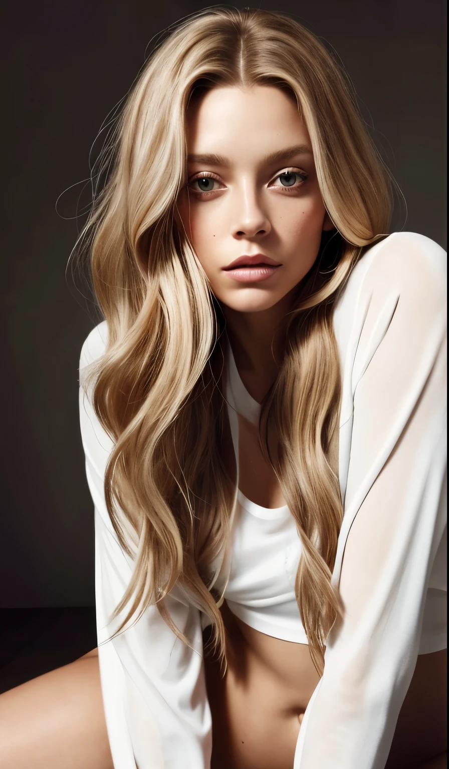 a woman with long hair and a white shirt posing for a picture, Portrait of Sophie Mudd, Brunette with dyed blonde hair, Jodi Bateman, Sydney Sweeney, Daniela Uurig, No makeup, wavy hair, nodded, Ellie Victoria Gale, Bernardini's Olivia, Sidney Hanson, Very beautiful face, Profile photo, Miranda Kerr, Gorgeous and attractive face