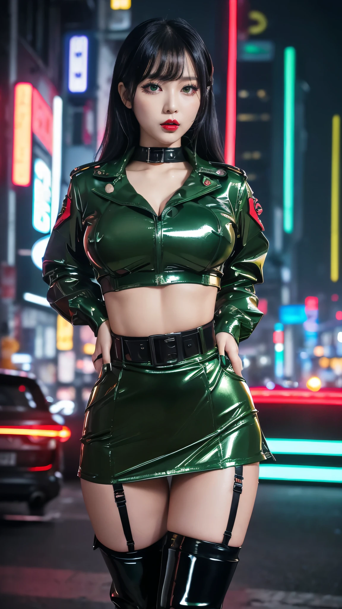 korean idol mature woman black wavy hair with bangs Big breasts close together and cleavage black eyeshadow smoky makeup Dirty makeup ((bright red plump lips)) ((A neon cyberpunk city)) ((Green khaki enamel military uniform tight mini skirt)) ((Super shiny metallic black enamel knee-high boots)) tight mini skirt garter belt masterpiece 8k cyber punk electric punk battlefield female general ((bright red plump lips)) duck mouth gravure