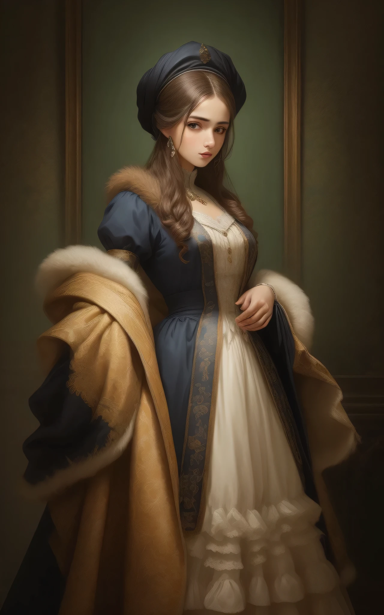 Arabian woman wearing a fur stole and dress holding fur, inspired By Parmigianino, By Parmigianino, inspired By Agnolo Bronzino, Inspired by Giovanni Lanfranco, Inspired by Marriott Albertinelli, By Agnolo Bronzino, Renaissance style, Renaissance style, Paolo Veronese Style
