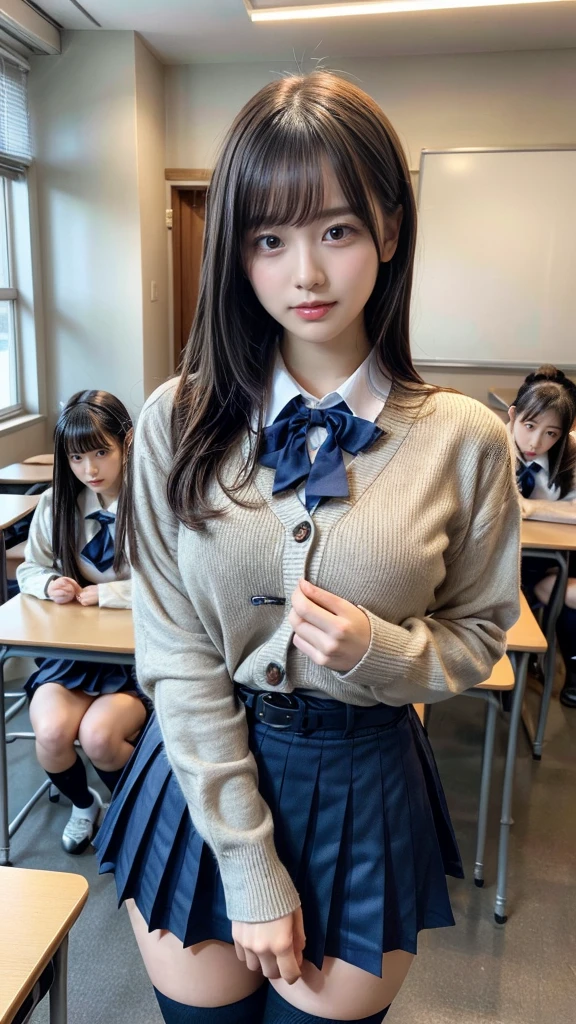 masterpiece, best quality, illustration, Super detailed, fine details, High resolution, 8K,wall paper, perfect dynamic composition,(Details High quality, realistic depiction of eyes:1.3), High School Classroom、High school girl uniform、Cardigan、Super Short Check Uniform Skirt、Navy blue high socks、garterbelts、Colossal tits、Disturbed uniform、low ponytail, black hair color, sexy pose, Big Natural Color Lip, bold sexy pose, (perfect body shape), crying a little、Harajuku style、20 year old girl、cute type, beautiful legs, hposing Gravure Idol, Voluptuous thighs