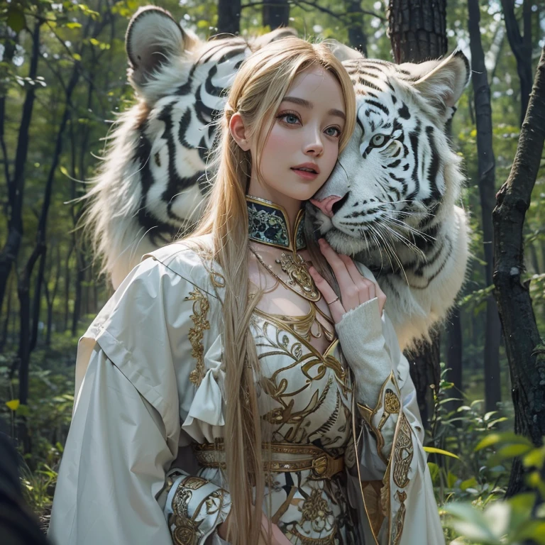 Standing in the forest、Hair flow、 ((highest quality、masterpiece、8k、Best image quality、Ultra-high resolution、Award-winning works)、(Accurate anatomy:1.1)、(Look at me and smile:1.1)、Shining fair skin with Ultra-high resolution、The most detailed face、Ultra-high resolution detailed face、Ultra-high resolutionのblond hair、(Ultra-high resolution eye:1.1)、Beautiful face drawn in every detail、Traditional Russian costume , Chest to chest,  Strange atmosphere, Next to him stands a real white tiger, Dark Light, in the forest , Heavy makeup 