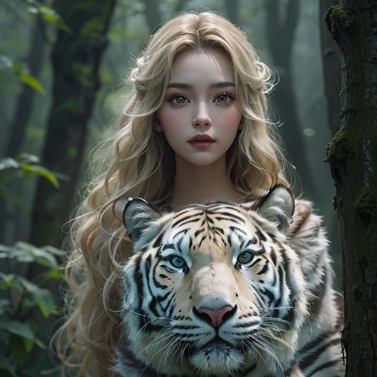 Standing in the forest、Hair flow、 ((highest quality、masterpiece、8k、Best image quality、Ultra-high resolution、Award-winning works)、(Accurate anatomy:1.1)、(Look at me and smile:1.1)、Shining fair skin with Ultra-high resolution、The most detailed face、Ultra-high resolution detailed face、Ultra-high resolutionのblond hair、(Ultra-high resolution eye:1.1)、Beautiful face drawn in every detail、Traditional Russian costume , Chest to chest, Strange atmosphere, Next to him stands a real white tiger, Dark Light, in the forest , Heavy makeup