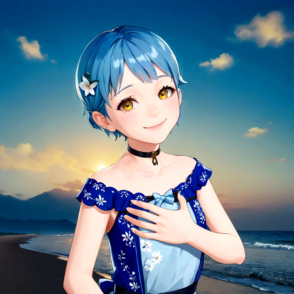 smile、Anime girl with blue hair and golden eyes standing on the beach, Cute 3D anime girl render, Woman with short blue hair, Anime-style 3D, Created by Anime Painter Studio, Smooth anime CG art, Realistic young anime girl, Highly detailed characters, blue sea, Inspired by Rei Kamoi, Anime-style characters, Girl with short white hair