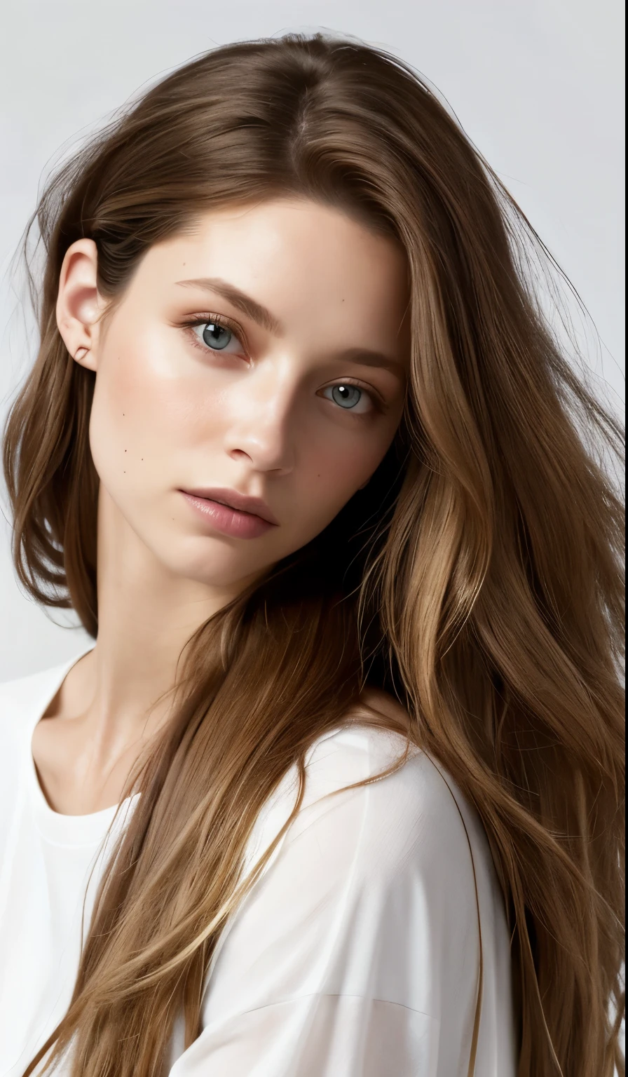 a woman with long hair and a white shirt posing for a picture, Portrait of Sophie Mudd, Brunette with dyed blonde hair, Jodi Bateman, Sydney Sweeney, Daniela Uurig, No makeup, wavy hair, nodded, Ellie Victoria Gale, Bernardini's Olivia, Sidney Hanson, Very beautiful face, Profile photo, Miranda Kerr, Gorgeous and attractive face