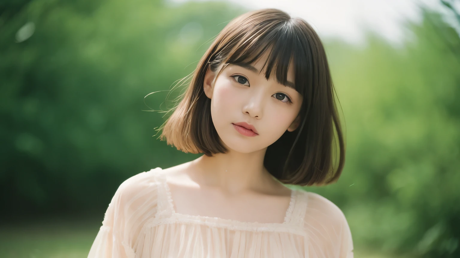 highest quality, masterpiece, One Girl Solo, Japanese female models , Unique hair details, Colorful semi-transparent mid-length blouse, Fine grain, double eyelid, Short Bob Hair, Analogue photography, 85mm f/1.8 YSM