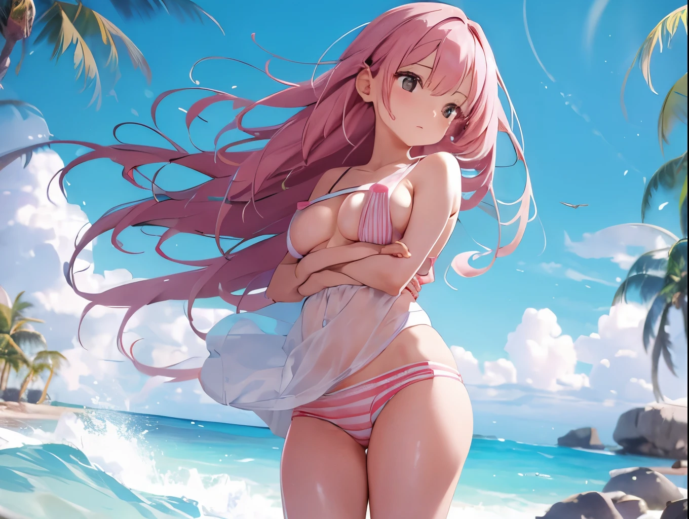 A cute white dress shirt and a skin-tight red-pink topless bra、Her miniskirt rose、Her pink and white striped underwear was revealed.。、Sandy Beach, Sea and Blue、Big Breasts、barefoot、Standing posture、hug、
