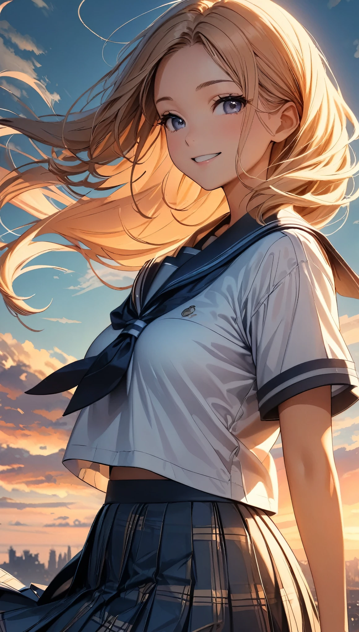 (highest quality:1.2, Very detailed, masterpiece:1.2, highest quality, Best aesthetics), (1 girl), Short-sleeved sailor uniform, green plaid pleated skirt, Movie stills, ((Cloud Girl, Floating in the sky)), close, bright, Happy, Warm and soft lighting, sunset, Long hair blowing in the wind, 