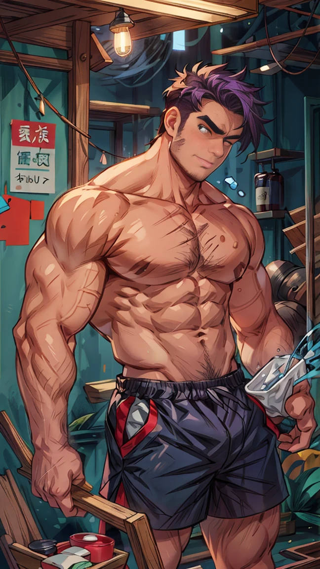 (masterpiece,The best quality,H),1 person,Naked Man,很shy,Face turns red,shy,muscular,Upper body,Eyes look at the audience,Nude,(Nude),Blue eyes,No shirt,Upper body,short blue-purple hair,Youthful feeling,young,(Fluorescent lamp),(One color),(蓝色background),Grey Striped Shorts,Stout,Broad shoulders,Strong without being bulky,Slender body,(Look down from above),Hairy body,Covered with muscles,Very strong,strongman,huge,maximum,Facial Cleansing,Clean face,Chest muscle expansion,background:A hanger full of clothes,