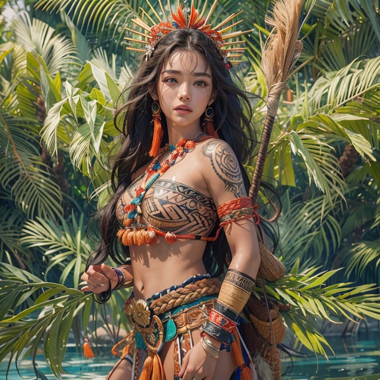 Polynesian Sea、Hair blowing in the wind 、 ((highest quality、masterpiece、8k、Best image quality、Ultra-high resolution、Award-winning works)、(Accurate anatomy:1.1)、(Look at me and smile:1.0)、Shining fair skin with Ultra-high resolution、The most detailed face、Ultra-high resolution detailed face、Ultra-high resolutionの髪の毛、(Ultra-high resolution eye:1.1)、Beautiful face drawn in every detail、Polynesian Costume,Small breasts,  Polynesian Tattoo,  Polynesian canoe、Wearing Polynesian costumes:1.2.