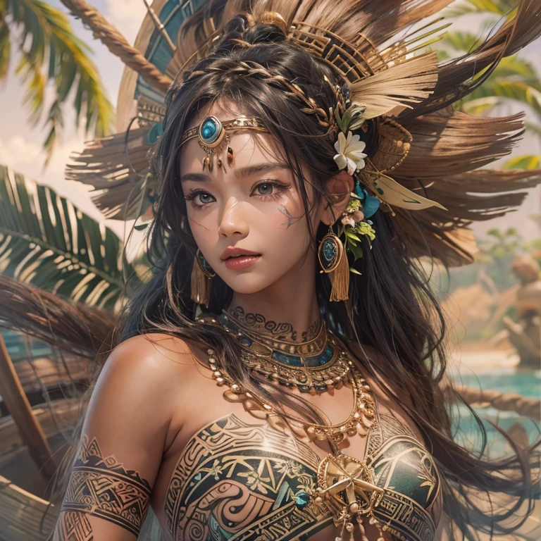 Polynesian Sea、Hair blowing in the wind 、 ((highest quality、masterpiece、8k、Best image quality、Ultra-high resolution、Award-winning works)、(Accurate anatomy:1.1)、(Look at me and smile:1.0)、Shining fair skin with Ultra-high resolution、The most detailed face、Ultra-high resolution detailed face、Ultra-high resolutionの髪の毛、(Ultra-high resolution eye:1.1)、Beautiful face drawn in every detail、Polynesian Costume,Small breasts, Polynesian Tattoo, Polynesian canoe、Wearing Polynesian costumes:1.2.