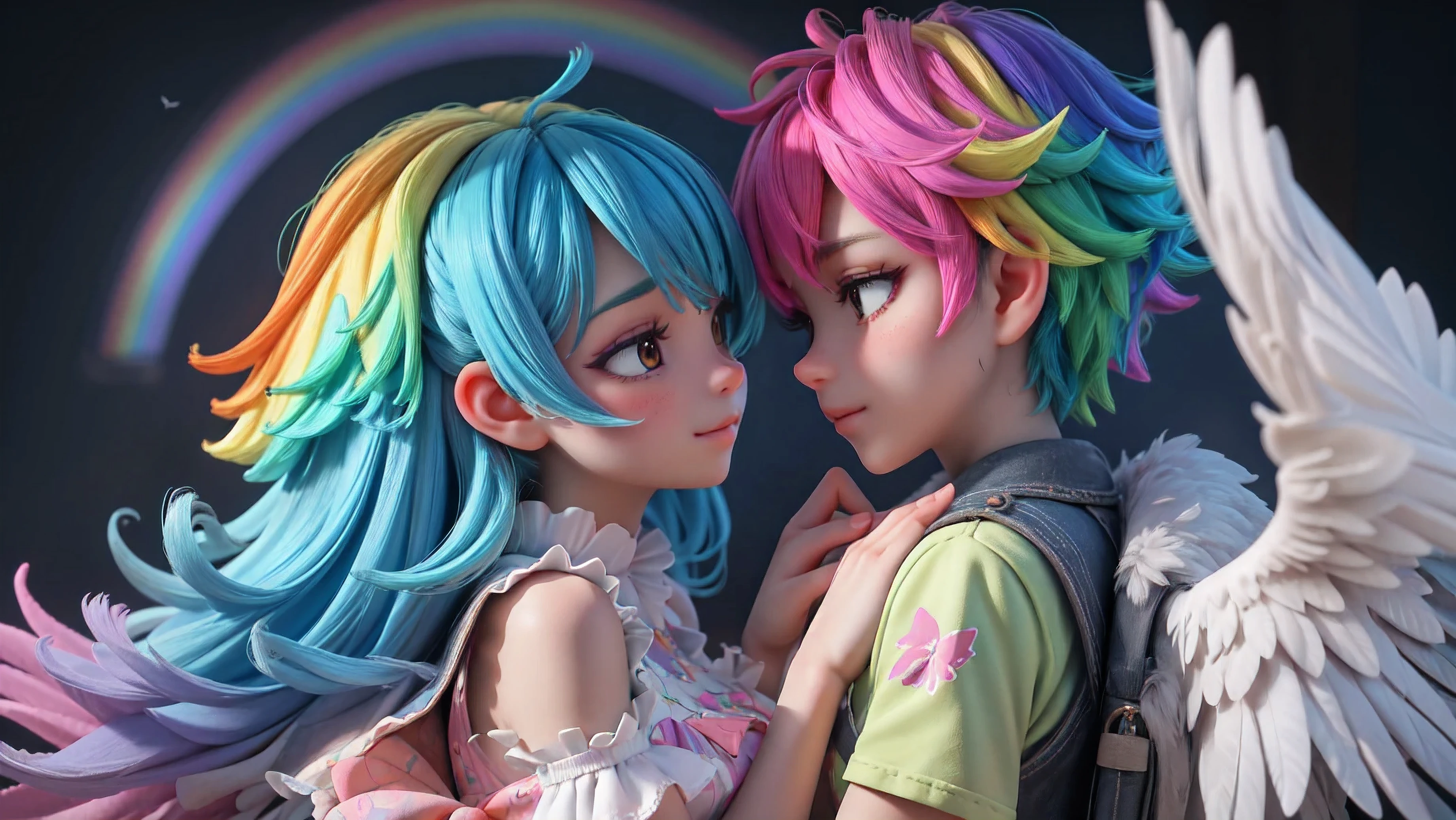 4k Resolution,Birds(High Detailed Rainbow Hairs,Cute),(Couple, Romance, Colourful), Cenimatic Lighting, Ultra Detailed,