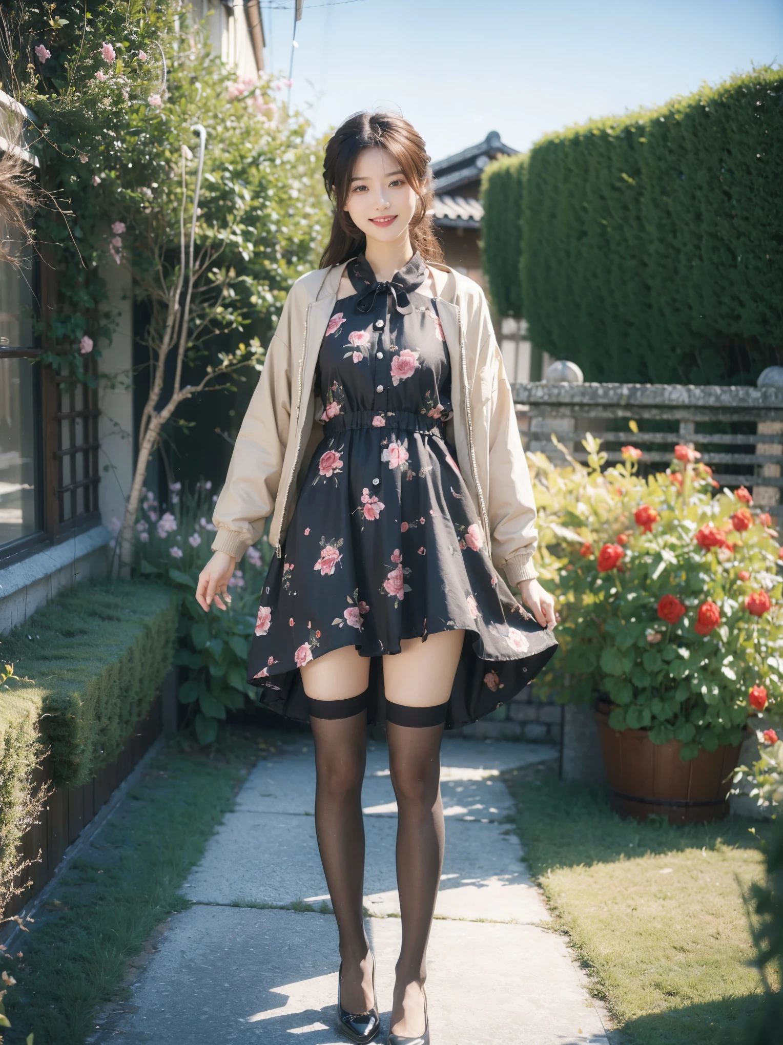 8k, highest quality, masterpiece, Realistic, Very detailed,  photograph, High resolution, RAWphotograph, High resolution, Absurd, Cinematic Light, Official Art, High resolution, Written boundary depth,
Photograph the whole body, cute顔,  smile, Beautiful details in the eyes, 29-year-old,Japanese, cute, Brown messy hair,dress, garden, (Wind:1.9), Floral print, Wearing a jacket、Ultra-realistic pantyhose:1.4, (((That&#39;s a big jump)))