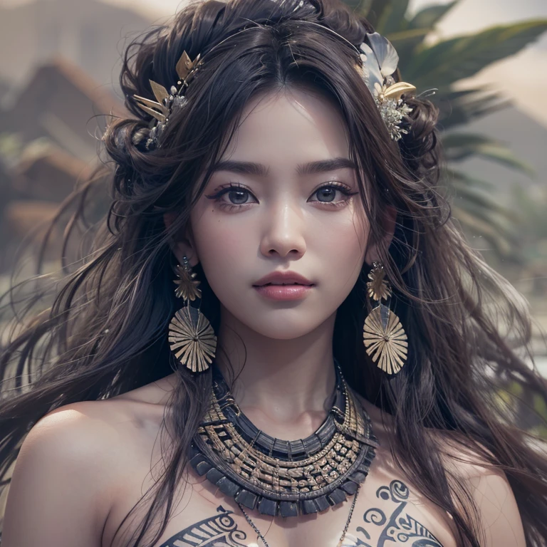 Polynesian Sea、Hair blowing in the wind 、 ((highest quality、masterpiece、8k、Best image quality、Ultra-high resolution、Award-winning works)、(Accurate anatomy:1.1)、(Look at me and smile:1.0)、Shining fair skin with Ultra-high resolution、The most detailed face、Ultra-high resolution detailed face、Ultra-high resolutionの髪の毛、(Ultra-high resolution eye:1.1)、Beautiful face drawn in every detail、Polynesian Costume,Small breasts, Polynesian Tattoo, Polynesian canoe、Wearing Polynesian costumes:1.2.