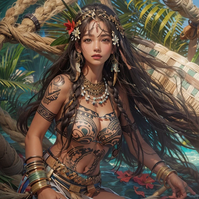 Polynesian Sea、Hair blowing in the wind 、 ((highest quality、masterpiece、8k、Best image quality、Ultra-high resolution、Award-winning works)、(Accurate anatomy:1.1)、(Look at me and smile:1.0)、Shining fair skin with Ultra-high resolution、The most detailed face、Ultra-high resolution detailed face、Ultra-high resolutionの髪の毛、(Ultra-high resolution eye:1.1)、Beautiful face drawn in every detail、Polynesian Costume,Small breasts, Polynesian Tattoo, Polynesian canoe、Wearing Polynesian costumes:1.2.